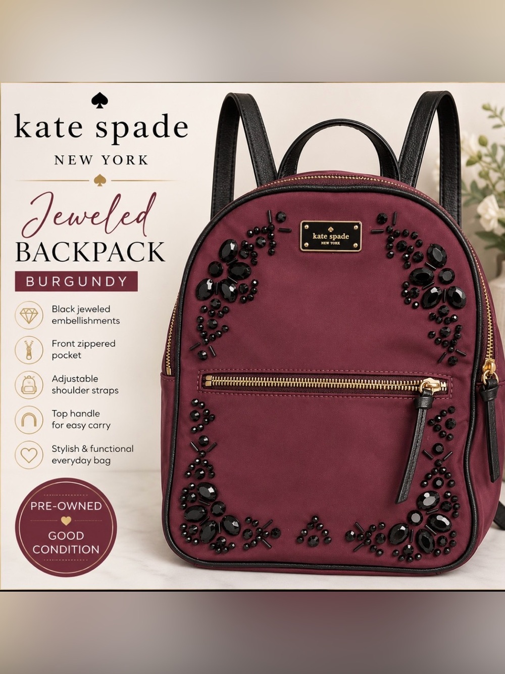 kate spade wine burgundy jeweled mini backpack
